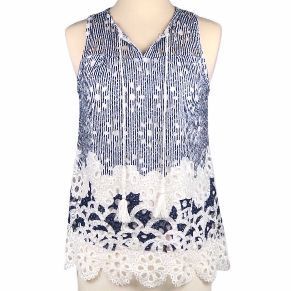 Sleeveless Top Blue White Stripes Lace Tassel XS